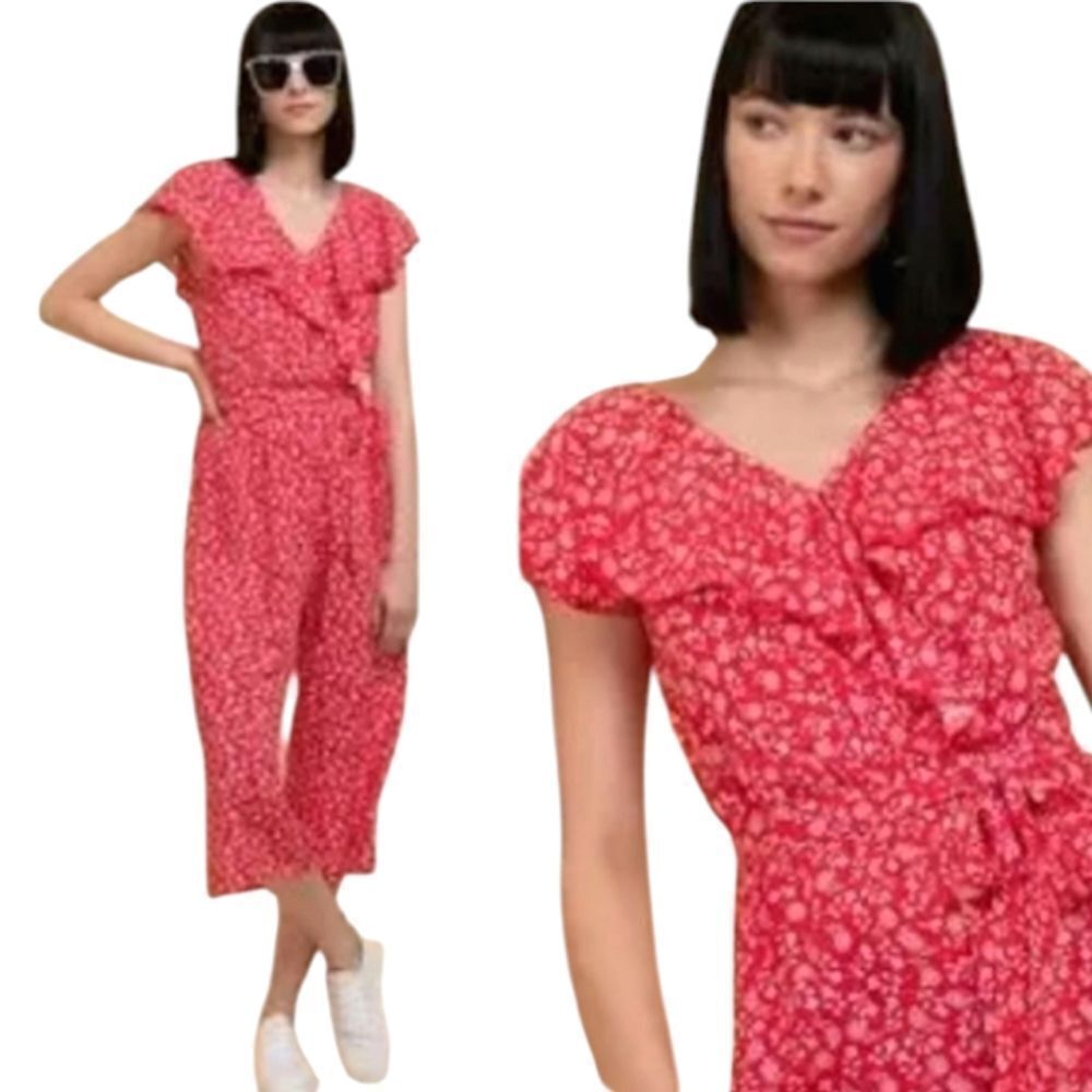 Luxology Red White Floral Ruffle Sleeve Wide Leg Cropped Jumpsuit Large NWT